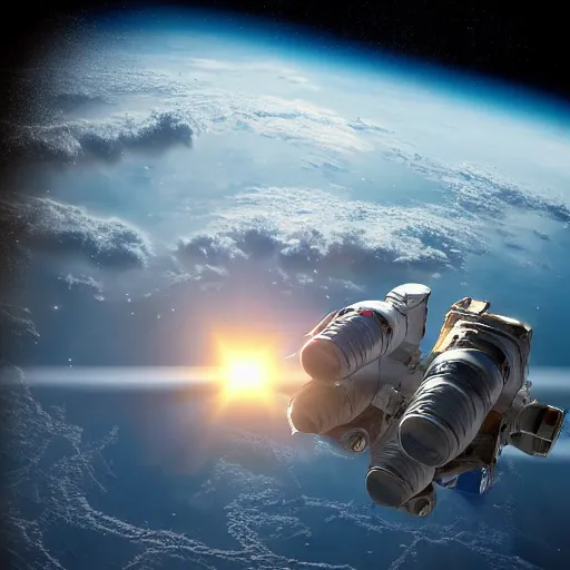 Prompt: astronauts with spaceships with earth and the sun in the foreground, photorealistic, ultra-detailed, 4k high resolution, HDR shot