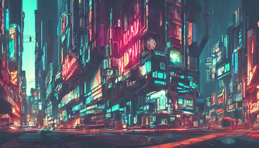 Prompt: cyberpunk city, neon sign, bladerunner, with a weathered ancient greek sculpture standing in the middle, digital illustration, artstation, bottom view