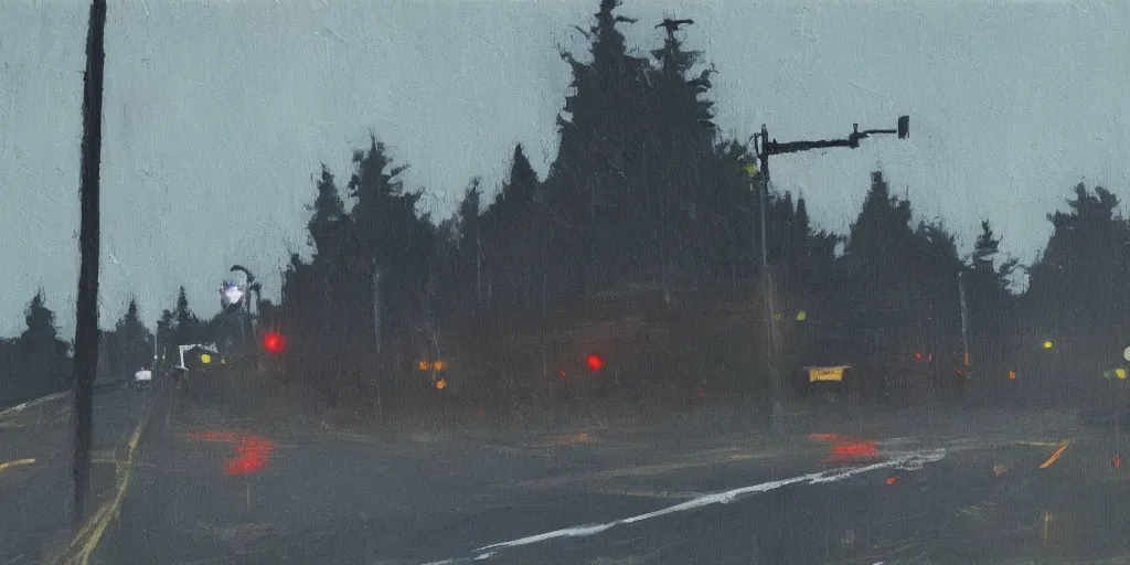 Prompt: painterly, messy, ominous 'jon hale'!! landscape of north bend, washington main street, dark, lonely!! stop light glowing, 'twin peaks'!, lone dark figure, paint streaks, visible paint texture