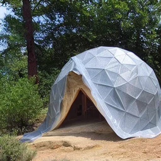 Prompt: delicious house made from domes and mesh tarp fabric