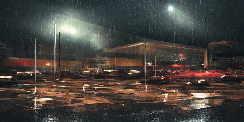 Image similar to laying in a parking lot on a dark night, rain drizzling with blaring yet dim lights, realistic 4k octane beautifully detailed render, 4k post-processing, highly detailed, intricate complexity, epic composition, magical atmosphere, cinematic lighting, masterpiece, ultra hd