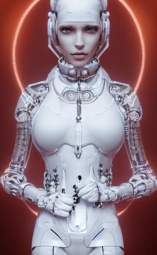 Image similar to white cyborg fashion shot, cyber copper spiral decorations, white elegant baroque design, headshot half figure, photorealistic, 8k, hyper detailed, unreal engine, trending on artstation,