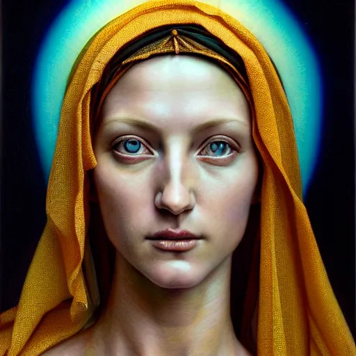 Image similar to hyperrealistic mixed media painting of beautiful Virgin Mary, stunning 3d render inspired art by P. Craig Russell and Barry Windsor-Smith, perfect facial symmetry, dim volumetric lighting, full full full full face face face face face 8k octane beautifully detailed render, headpiece headpiece headpiece, post-processing, portrait, extremely hyper-detailed, intricate, epic composition, brown brown brown eyes eyes eyes eyes, realistic realistic realistic eyes, cinematic lighting, masterpiece, trending on artstation, detailed detailed detailed, masterpiece, stunning