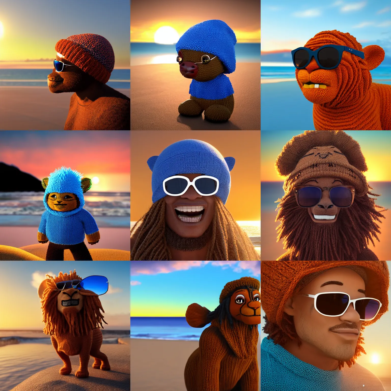 Prompt: a photorealistic picture of a knitted smiling Mufasa wearing blue sunglasses and a beanie cap at the beach during sunset Trending on Artstation, featured on Behance, well-rendered, Unreal Engine, 4K HD