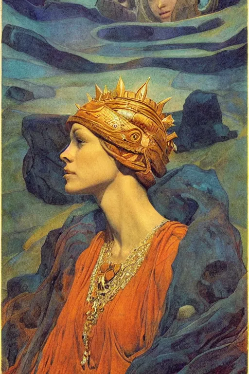 Prompt: queen of the dawn mountains with her regalia, by Annie Swynnerton and Nicholas Roerich and jean delville, dramatic cinematic lighting , ornate headdress , flowing robes, lost civilizations, extremely detailed