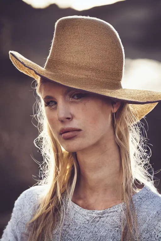 Image similar to photograph of an olive skinned blonde female model in her twenties, her hair pinned up under designer hat, wearing a designer top, looking content, focused on her neck, photo realistic, extreme detail skin, natural beauty, no filter, slr, golden hour, 8 k, high definition, selfie