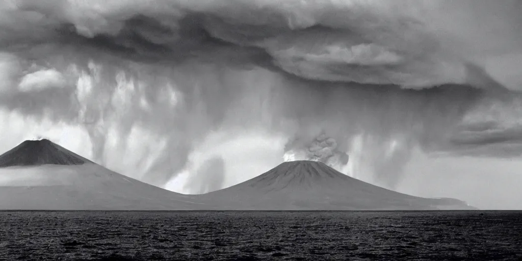 Prompt: A volcano island erupting in the distance, clouds and lighting forming above