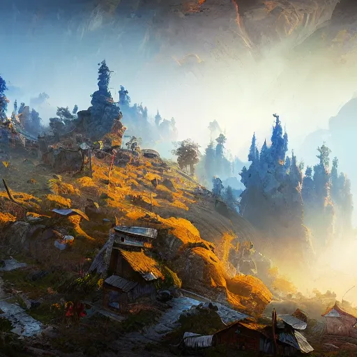 Prompt: destroyed village in rock, fog, Bright colors, fantastic landscape, hyperrealism, no blur, 4k resolution, ultra detailed, style of Anton Fadeev, Ivan Shishkin, John Berkey