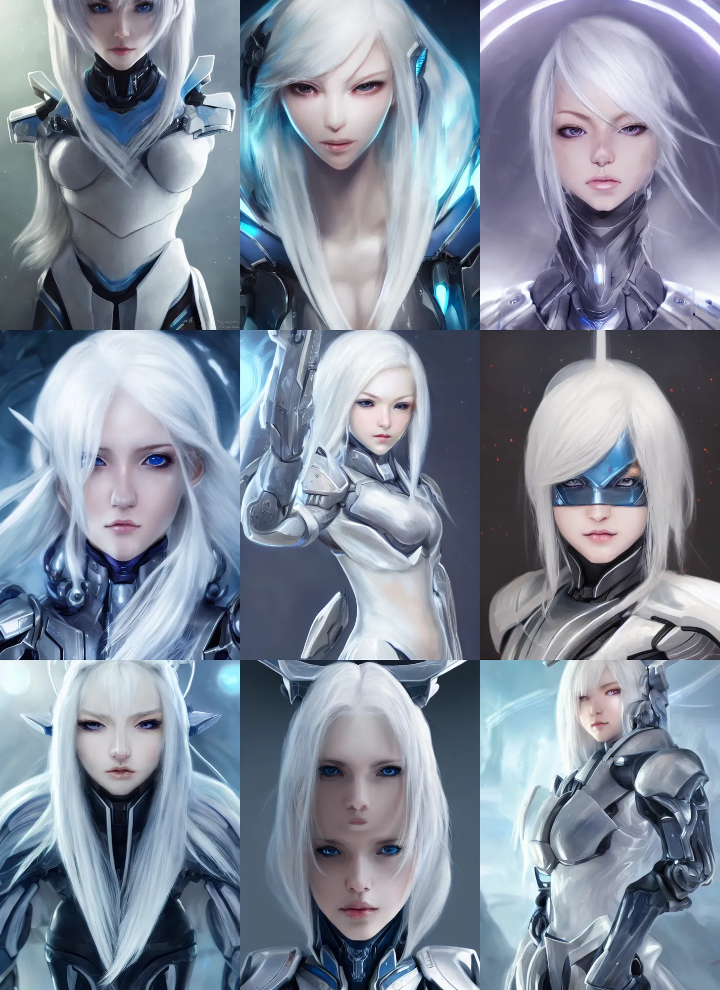 Image similar to detailed portrait of perfect white haired girl, android, warframe armor, beautiful, pretty face, blue cyborg eyes, innocent, scifi, 4 k, sun yunjoo, ultra realistic, aura of light, cinematic lighting, highly detailed, sharp focus, artstation, masterpiece, art by hyungjin yang and akihito tsukushi