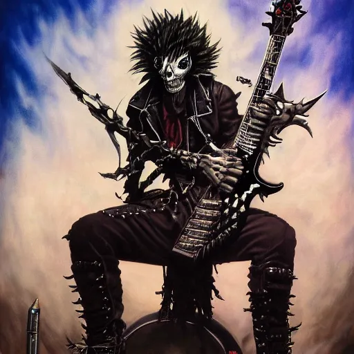 Image similar to a portrait of the grim reaper as a punk rocker playing an electric guitar, punk, skeleton face, mohawk, dark, fantasy, leather jackets, spiked collarsand wristbands, piercings, boots, ultrafine detailed oil on canvas painting by frank frazetta and vito acconci and and takeshi obata, death note style, symetric body, sharp focus