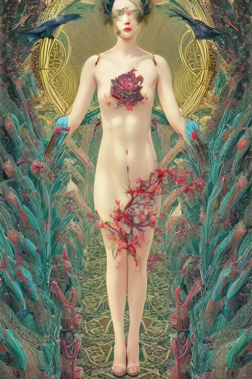 Image similar to portrait full body girl 3 kingdom breathtaking detailed concept art painting art deco pattern of birds goddesses amalmation flowers head thibetan temple, by hsiao ron cheng, tetsuya ichida, bizarre compositions, tsutomu nihei, exquisite detail, extremely moody lighting, 8 k, art nouveau, old chines painting, art nouveau
