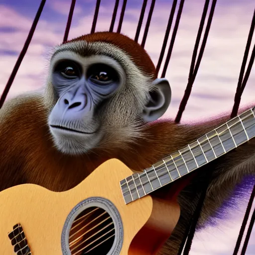 Image similar to a monkey playing the guitar while in a hammock, photorealistic, 4 k