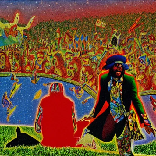 Image similar to artwork of pedro bell, parliament, funkadelic, george clinton, bootsy collins, the mothership, chocolate city, a sunday afternoon on the island of la grande jatte