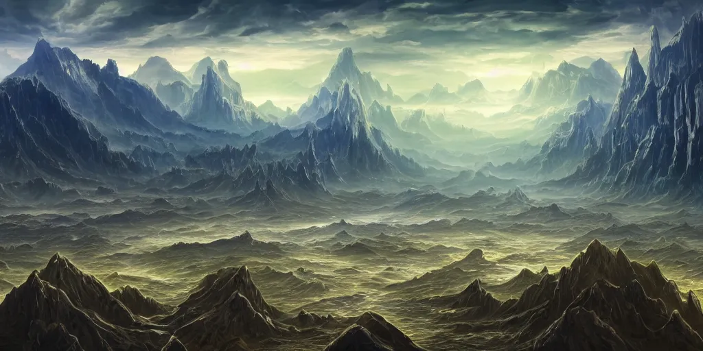 Image similar to The eldritch landscape with mountains in the background and great river down the middle, Sci-Fi fantasy desktop wallpaper, painted, 4k, high detail, sharp focus