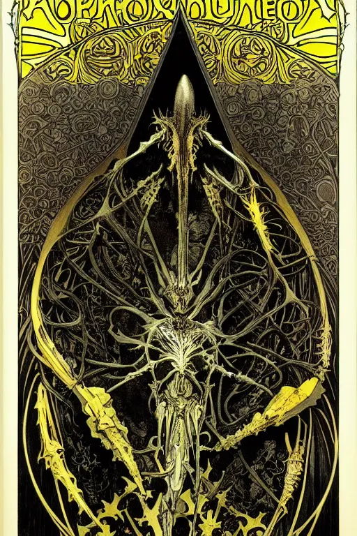 Image similar to black and yellow flat color risoprint, alphonse mucha, richard corben, wayne barlowe, moebius, heavy metal comic cover art, psychedelic triangular skeletal calcification fungus lich in darkiron spike armor, full body, hollow eyes, symmetrical face, long black crown, in a dungeon background, moody dark colors