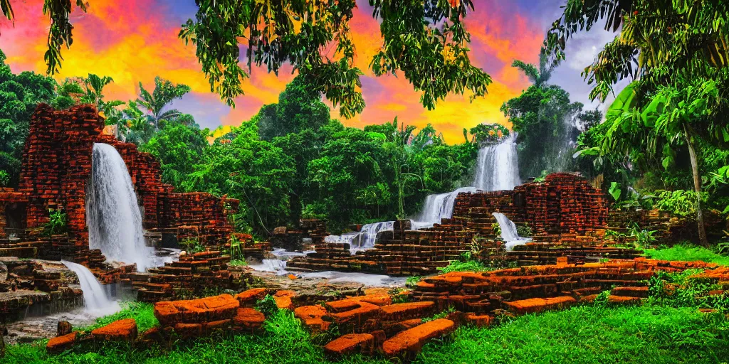 Image similar to ancient forest stone brick temple with a waterfall and colorful tropic mango trees, banana trees, orange trees, papaya trees, sunset, high definition, high detail, photorealisitc, 8k,