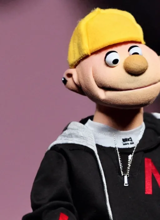 Prompt: photo of eminem as a muppet with a microphone