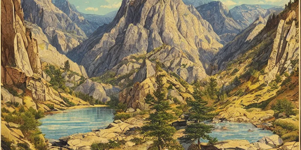 Prompt: beautiful!!!!!!!!!!!! idyllic poster illustration for a craggy ice valley canyon national park by ludwig hohlwein, ludwig hohlwein!!!!!!!!!!