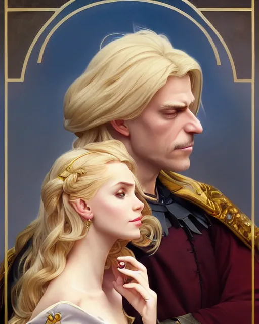 Image similar to Portrait of a  blonde lady and Michael as characters in Dogtanian,real life skin, intricate, elegant, highly detailed, artstation, concept art, smooth, sharp focus, art by artgerm and greg rutkowski and alphonse mucha