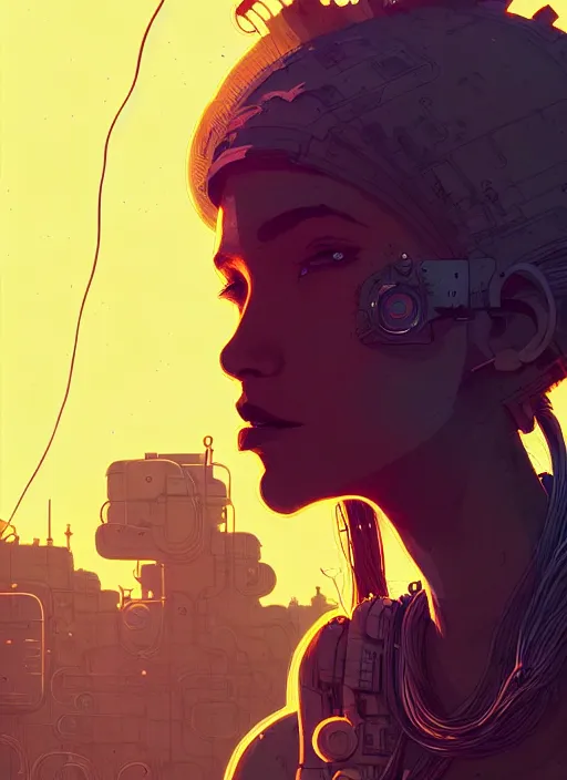 Image similar to highly detailed closeup portrait of wasteland long glowing yellow and white plasma hair tribal lady, stray electric spark wiring by atey ghailan, james gilleard, by joe fenton, by greg rutkowski, by greg tocchini, by kaethe butcher, 4 k resolution, gradient yellow, black and white color scheme!!! ( ( lightning robotic city background ) )