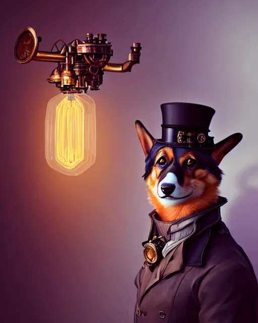 Prompt: steampunk corgi portrait, handsome, steampunk hat, detective coat, steampunk monocle, complex 3 d render by ilya kuvshinov, peter mohrbacher, greg rutkowski, ryohei hase, dramatic lighting, intricate, highly detailed, sharp focus, luminous, unreal engine, blender, artstation, masterpiece, ray tracing