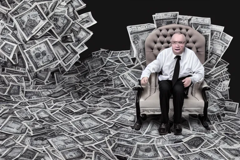 Image similar to a greedy man, sitting on a throne of money, studio photography, 3 5 mm lens, digital art, 8 k