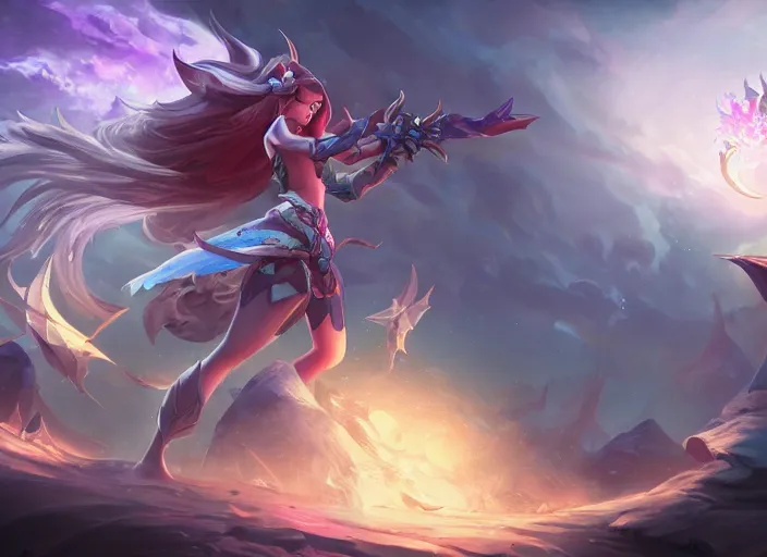 Image similar to moon princess in battle concept art, digital illustration, trending on artstation, epic composition, scenic background, 8 k uhd, masterpiece, league of legends splash art, highly detailed, perfect lineart