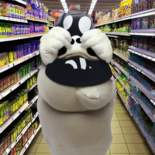 Image similar to scary monster big chungus in a grocery store, vhs, horro