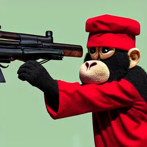 Image similar to Abu the monkey wearing a fez shooting a gun