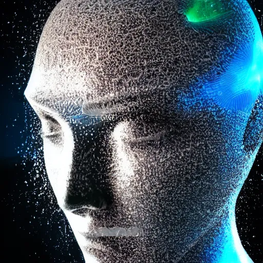 Prompt: water art manipulation in the shape of a human head in a bottle shape, on the ocean water, futuristic, glowing, hyper realistic, ray tracing, realistic water splashes, sharp focus, long shot, 8 k resolution, cinematic, photoshop water art