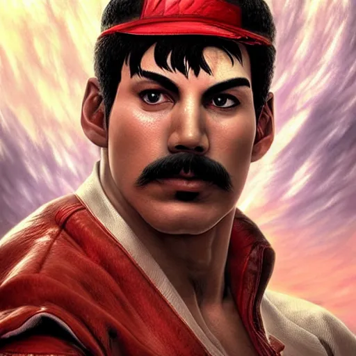 Image similar to freddy mercury as ryu street fighter, full body shot, face detail, ultra realistic, concept art, intricate details, highly detailed, photorealistic, octane render, 8 k, unreal engine, art by frank frazetta, simon bisley, brom