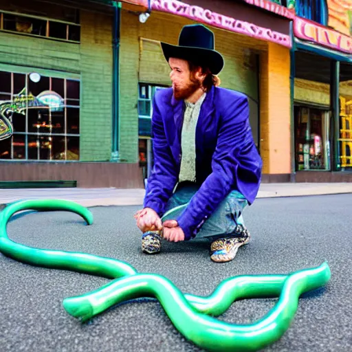 Image similar to breakdancing snake oil salesman, purple green cowboy b-boy, wildystyle