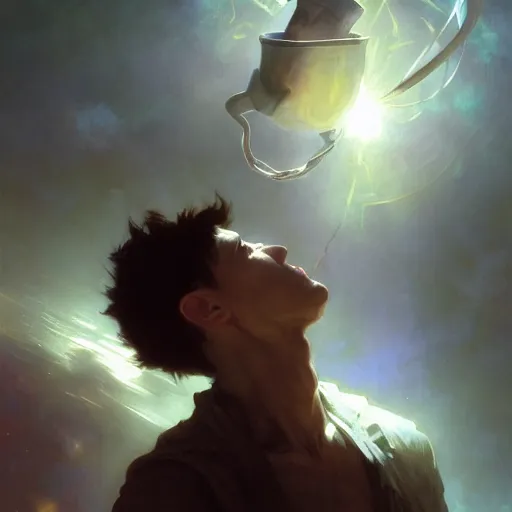 Image similar to A man drinking a cup of cosmic energy bright light, illustration by Ruan Jia and Mandy Jurgens and William-Adolphe Bouguereau, Artgerm, 4k, digital art, surreal, anime style, space dandy style, highly detailed, godsend, artstation, digital painting, concept art, smooth, sharp focus, illustration by Ruan Jia and Mandy Jurgens and William-Adolphe Bouguereau, Artgerm