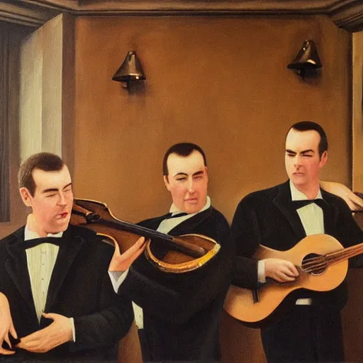 Prompt: detailed realistic oil painting of the clancy brothers performing music in a pub