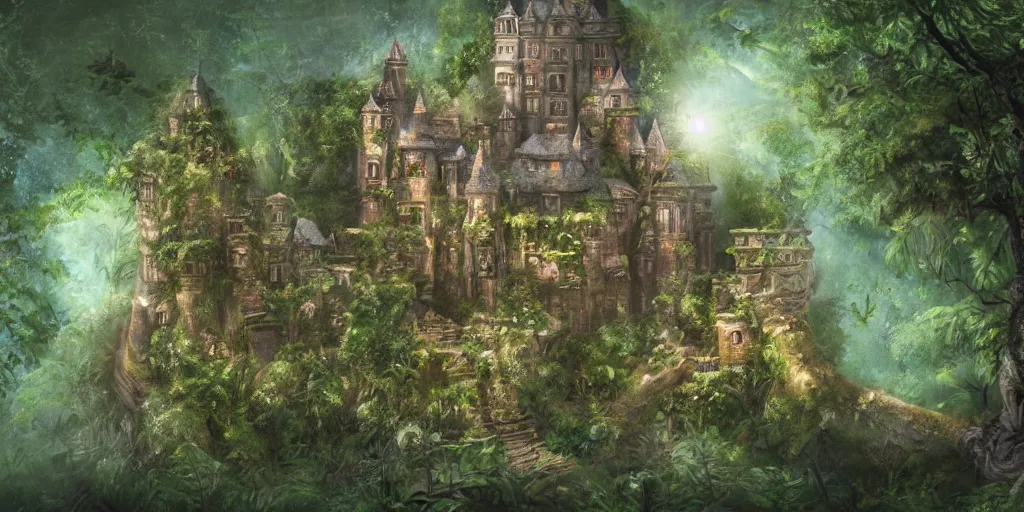 Prompt: a castle hidden in the jungle, overgrown with trees, misty, whimsical, cute art style, highly detailed, 4 k