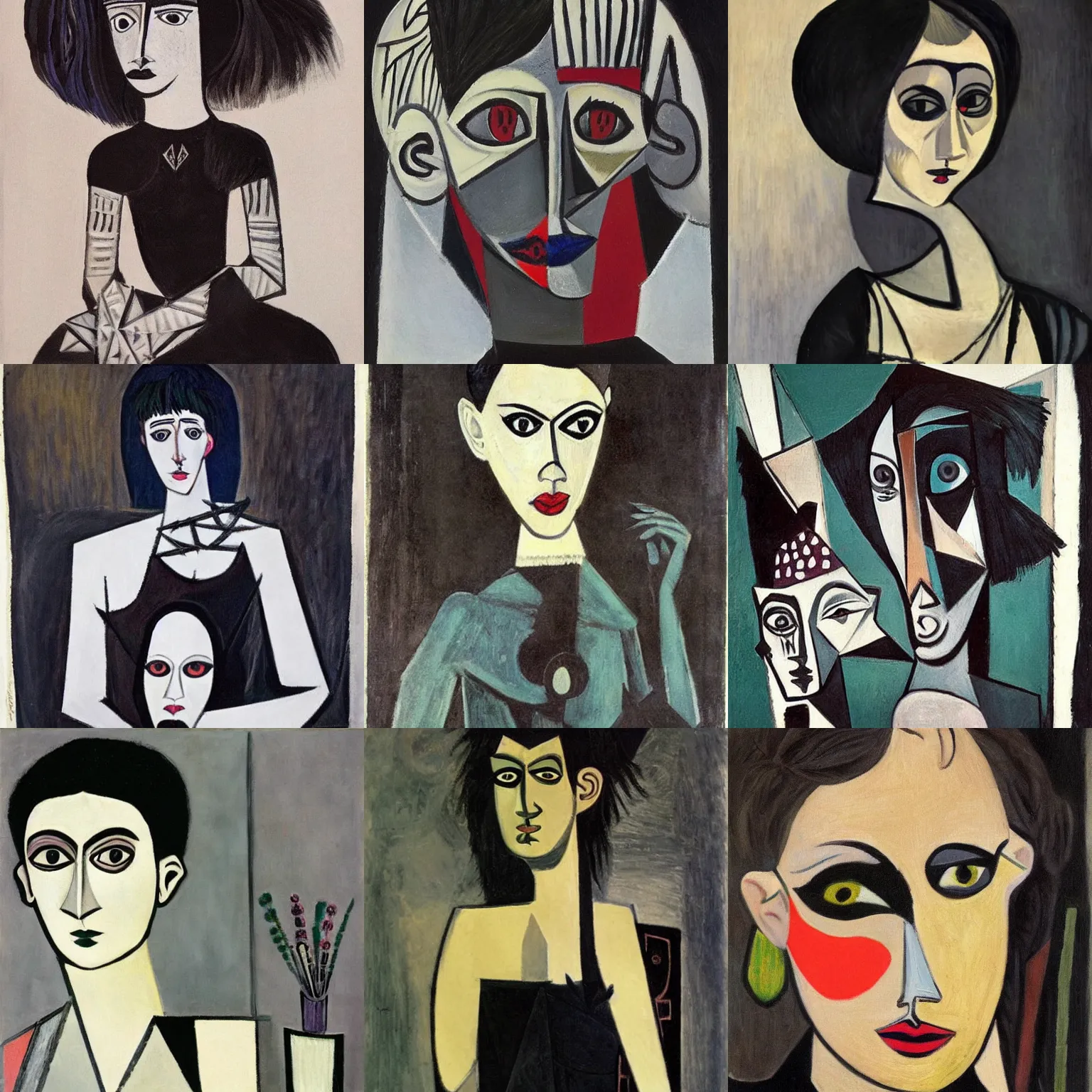 Prompt: a goth portrait painted by pablo picasso. her hair is dark brown and cut into a short, messy pixie cut. she has large evil eyes with black contact lenses. she is wearing a black tank top, a black leather jacket, a black knee - length skirt, a black choker, and black leather boots.