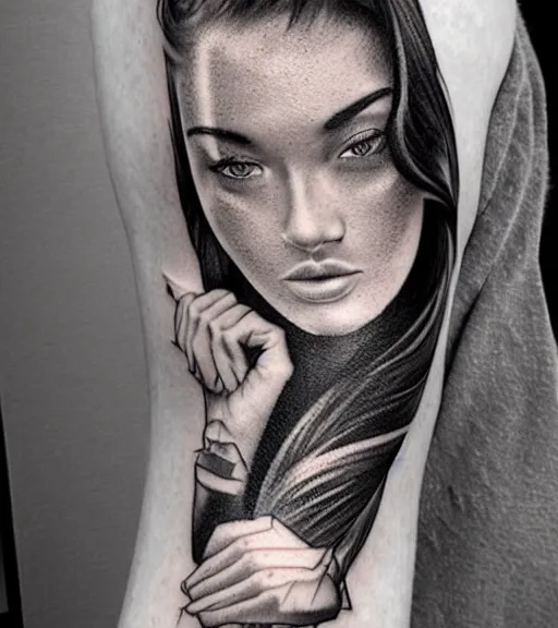 Image similar to amazing blend effect of beautiful mountain scenery with a beautiful woman face, tattoo design sketch, hyper - realistic, in the style of matteo pasqualin, amazing detail, black and white