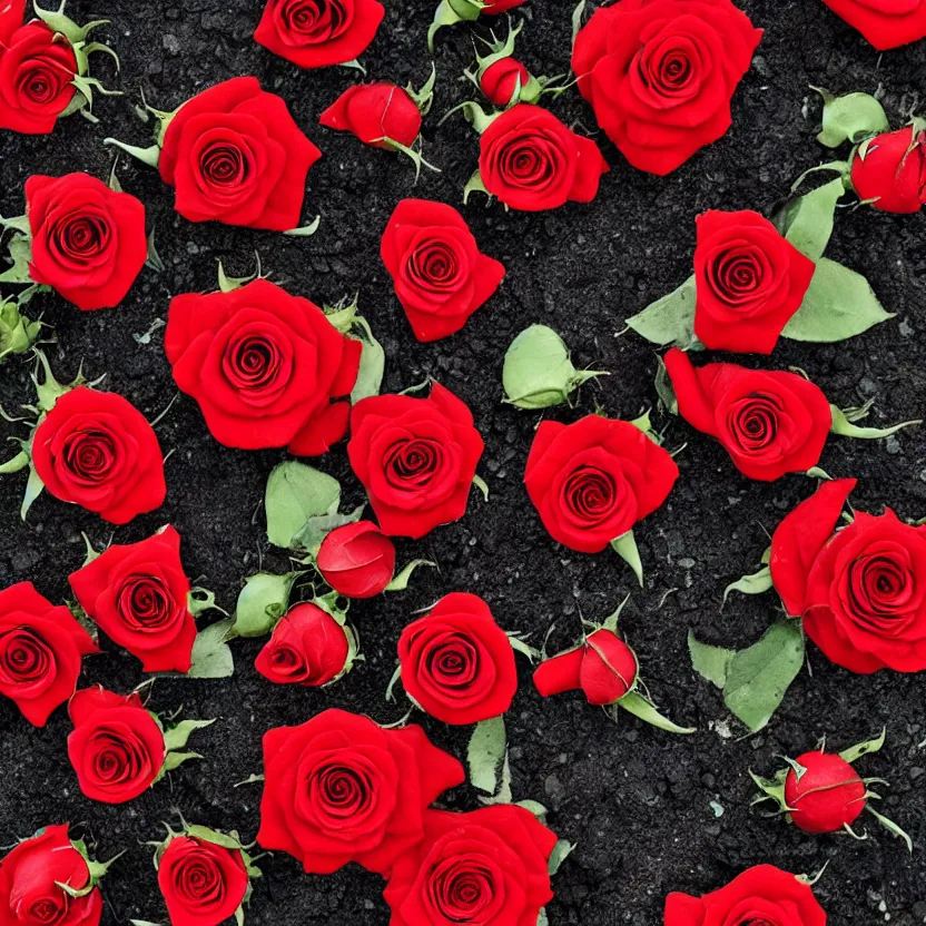 Prompt: red roses, laying in ashes