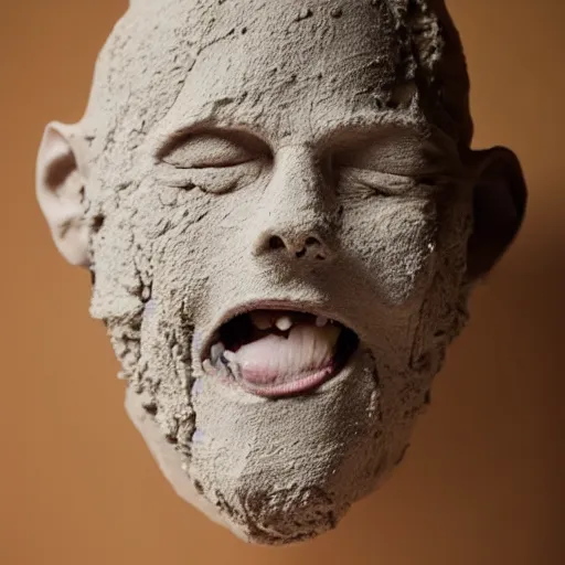 Prompt: a pile of extremely wet and barely moldable clay has been squished into the form of a human face, the artist is squishing his work in his hands, and the clay is looking hilarious like a face being squished