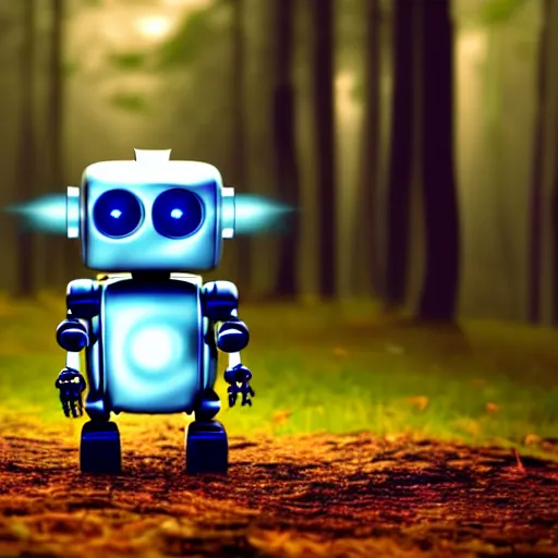 Image similar to a cute little robot in a wood. super realistic 8 k render of a dark hooded powerful elegant, cinematic composition