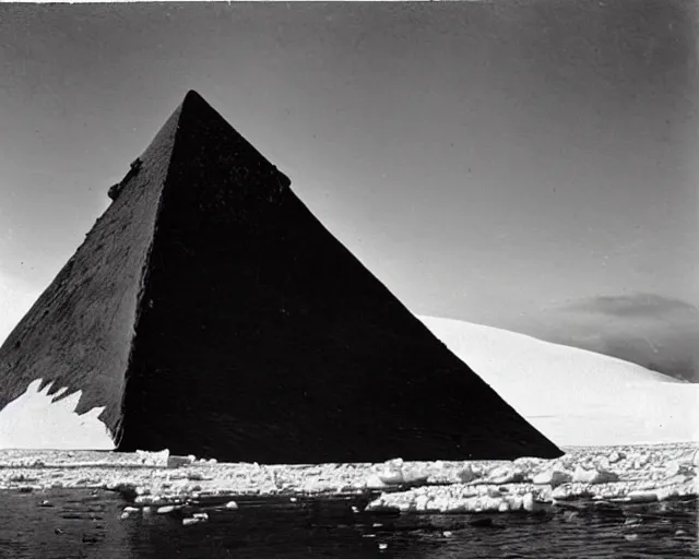 Prompt: “A black and white vintage photograph of Shackleton discovering the Black Pyramid of Antarctica”