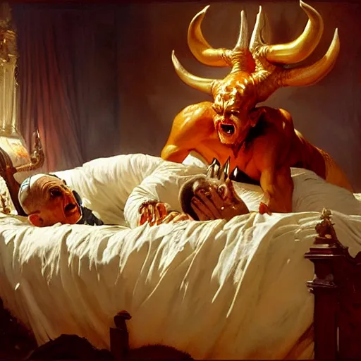 Image similar to the pope is in his bed, nervous and terrified, because a double horned shadow demon from hell is attacking him. highly detailed painting by gaston bussiere, j. c. leyendecker, greg rutkowski, craig mullins 8 k