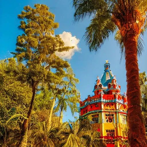 Image similar to a blue castle tower with a golden and red rococo dome stands in front of a multicolored glowing magical forest with tall trees and palm trees, sunny day, small fluffy clouds, parrots fly around the tower, beautiful landscape, very detailed