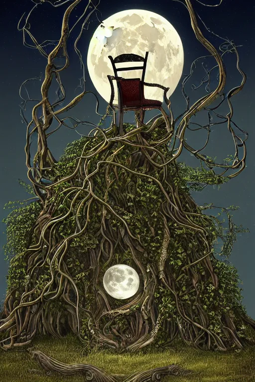 Image similar to a beautiful digital illustration painting of a detailed gothic fantasy full moon and roots, throne chair and vines by giorgio de chirico, and david rios ferreira. 8 k resolution trending on artstation concept art digital illustration