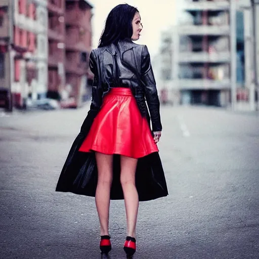 Prompt: A girl in a leather jacket and a red skirt posing for the camera, Instagram photo, are bure boke, aesthetic