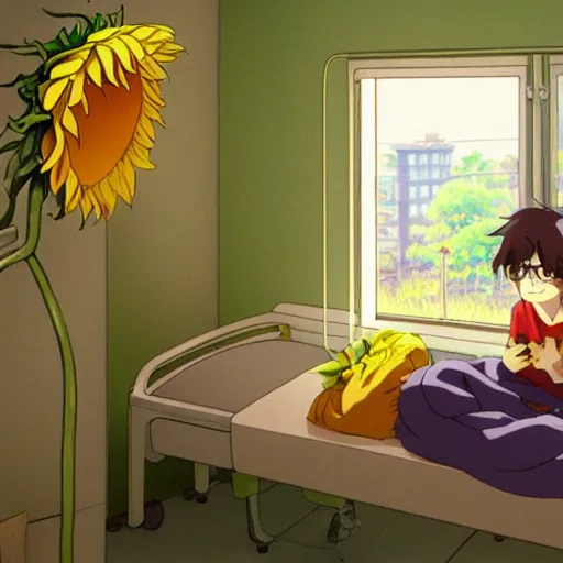 Image similar to a boy with long green hair lies in a hospital bed with a bunch of sunflowers by the window, by mamoru hosoda, hayao miyazaki, makoto shinkai