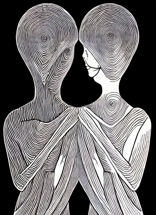 Image similar to 1 px color ink art by junji ito, perfectly centered symmetrical balanced male and female portrait of man and woman in love sharing one heart. high coherence ; fractal geometrical 8 k ultra hd