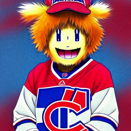 Image similar to anime Portrait of Youppi the Habs Montreal Canadiens Mascot as a very cute powerful and friendly pokemon, highly detailed anime, high evolution, 1990s, legendary, smooth, sharp focus, dynamic lighting, intricate, trending on ArtStation, illustration pokemon, art by WLOP