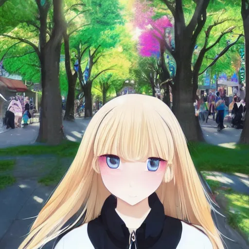 Image similar to blonde - haired princess, anime princess, wearing black jacket and white leggings, looking through crowd, town street, festival street, trees, green trees, blue lighting, blue sunshine, strong lighting, strong shadows, vivid hues, ultra - realistic, sharp details, subsurface scattering, intricate details, hd anime, 2 0 1 9 anime