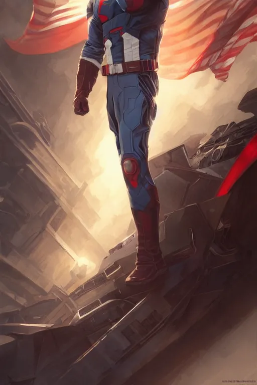 Image similar to elon musk as captain america, portrait, highly detailed, digital painting, artstation, concept art, smooth, sharp focus, illustration, cinematic lighting, art by artgerm and greg rutkowski and alphonse mucha